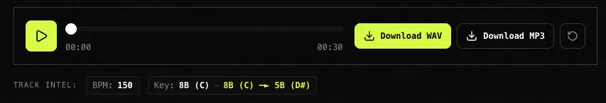Track intel panel showing detected BPM and original to shifted key change next to the WAV and MP3 download buttons