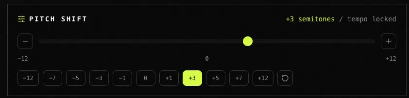 Semitone slider with -12 to +12 range and step buttons that adjust pitch one half step at a time