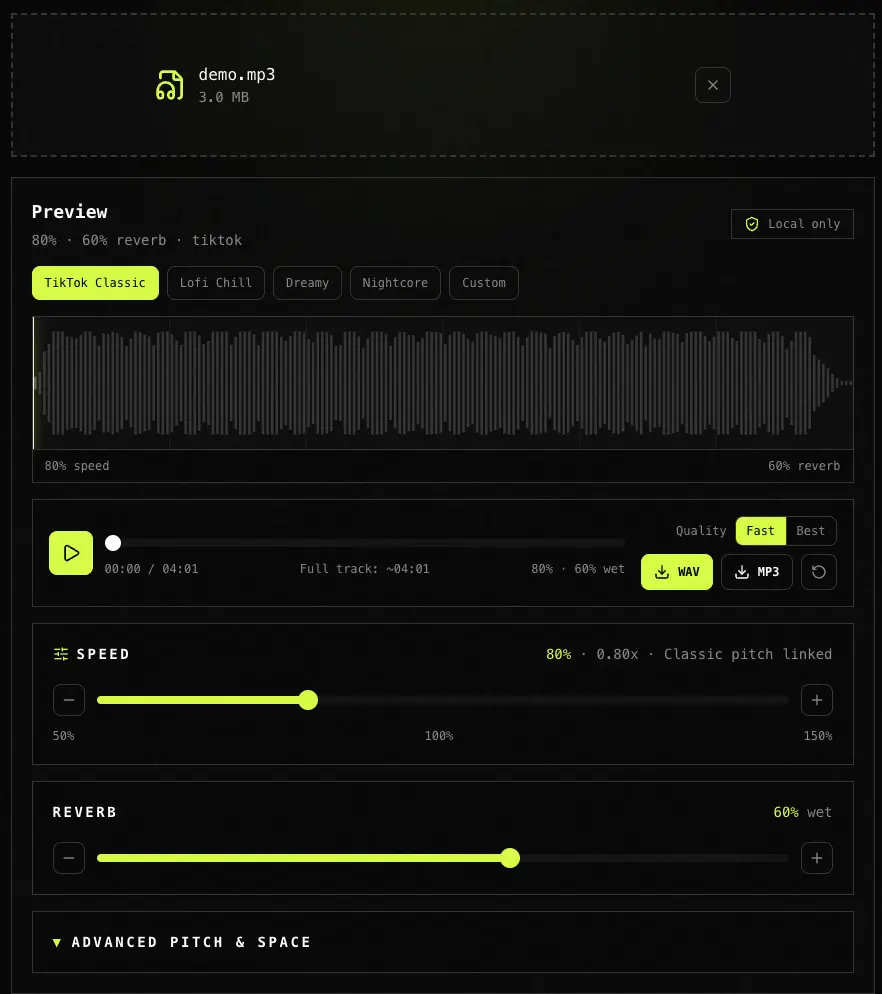 Full slowed and reverb maker interface with waveform, transport controls, vibe presets, and speed and reverb controls