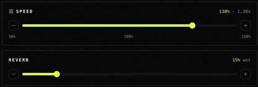 Slowed and reverb controls showing speed, reverb wet mix, pitch mode, space, and bass boost options