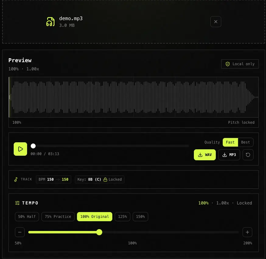 Full tempo changer interface with waveform, transport controls, track analysis, quality switch, and tempo slider