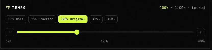 Tempo controls showing preset buttons and a 50 to 200 percent speed slider with pitch locked