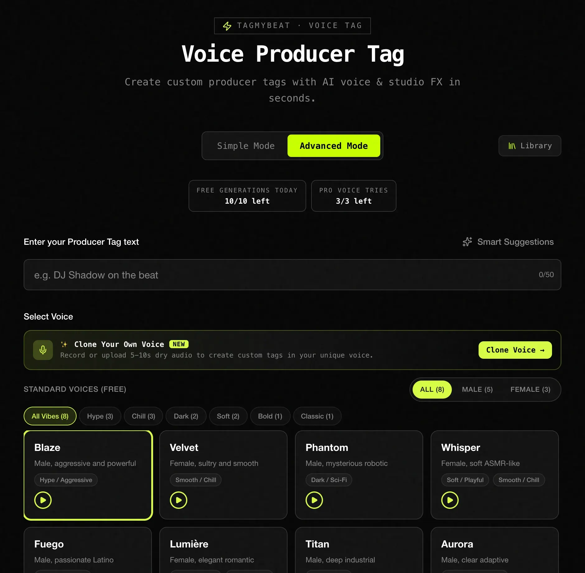 TagMyBeat Advanced Mode with Voice Selection and Emotion Control