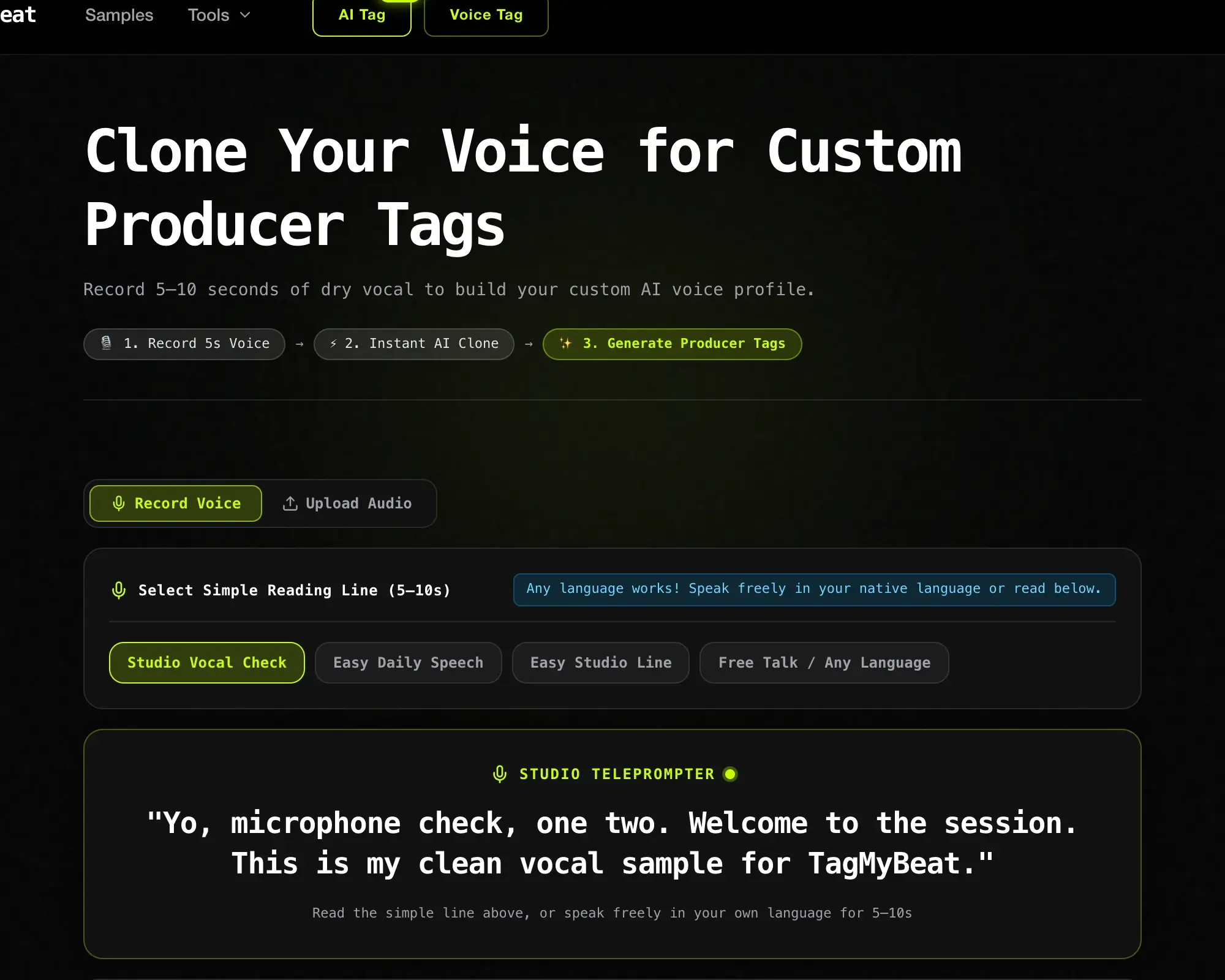 TagMyBeat Voice Cloning Workflow and Teleprompter